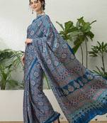 Blue printed ready to wear saree with unstitched blouse