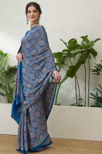 Blue printed ready to wear saree with unstitched blouse