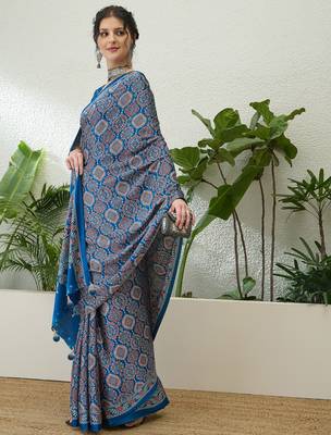 Blue printed ready to wear saree with unstitched blouse 3