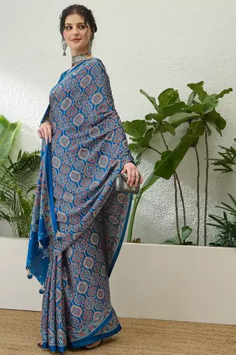 Blue printed ready to wear saree with unstitched blouse