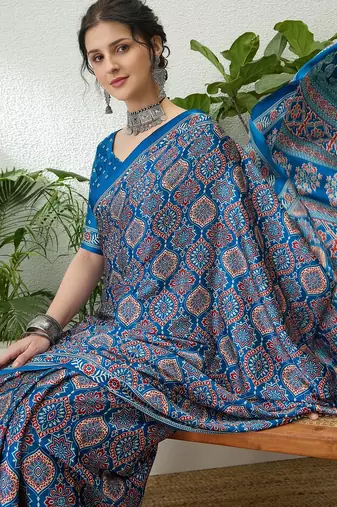 Blue printed ready to wear saree with unstitched blouse