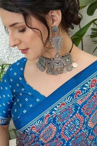 Blue printed ready to wear saree with unstitched blouse