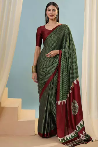 Green easy wear ready pleated saree with blouse piece