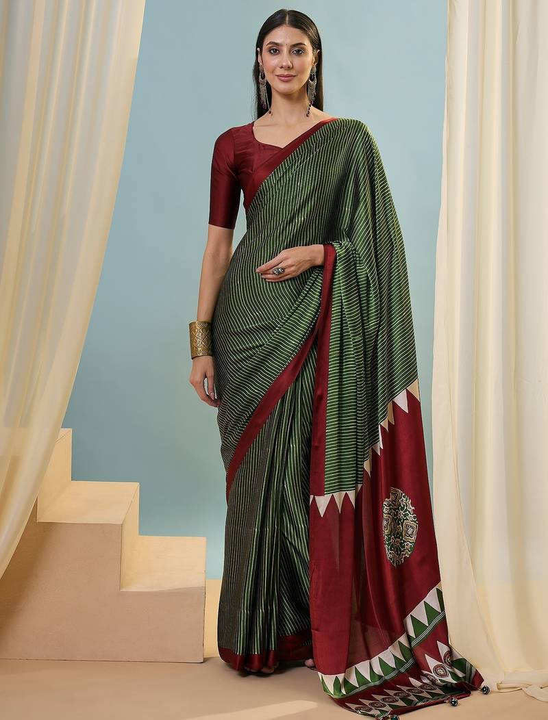 Green easy wear ready pleated saree with blouse piece