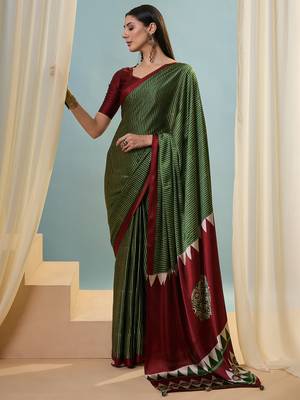 Green easy wear ready pleated saree with blouse piece 2