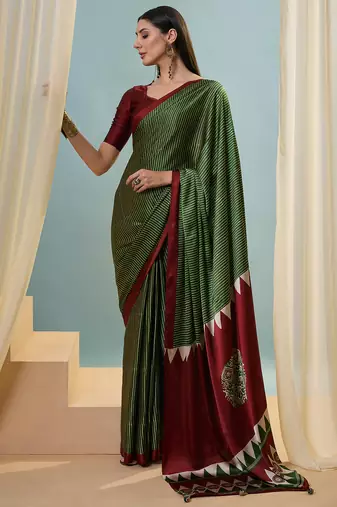 Green easy wear ready pleated saree with blouse piece