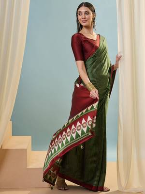 Green easy wear ready pleated saree with blouse piece 3