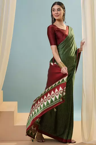 Green easy wear ready pleated saree with blouse piece