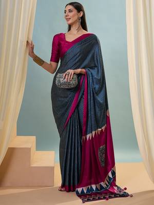 Blue wedding guest ready made saree with blouse 1