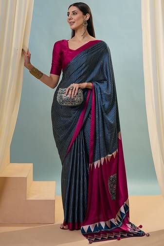 Blue wedding guest ready made saree with blouse