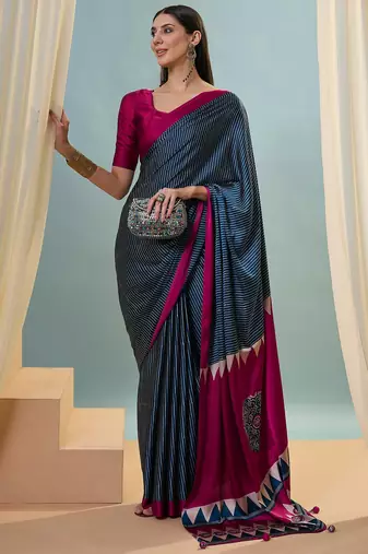 Blue wedding guest ready made saree with blouse
