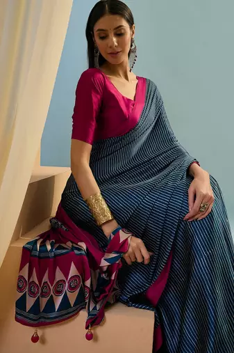 Blue wedding guest ready made saree with blouse