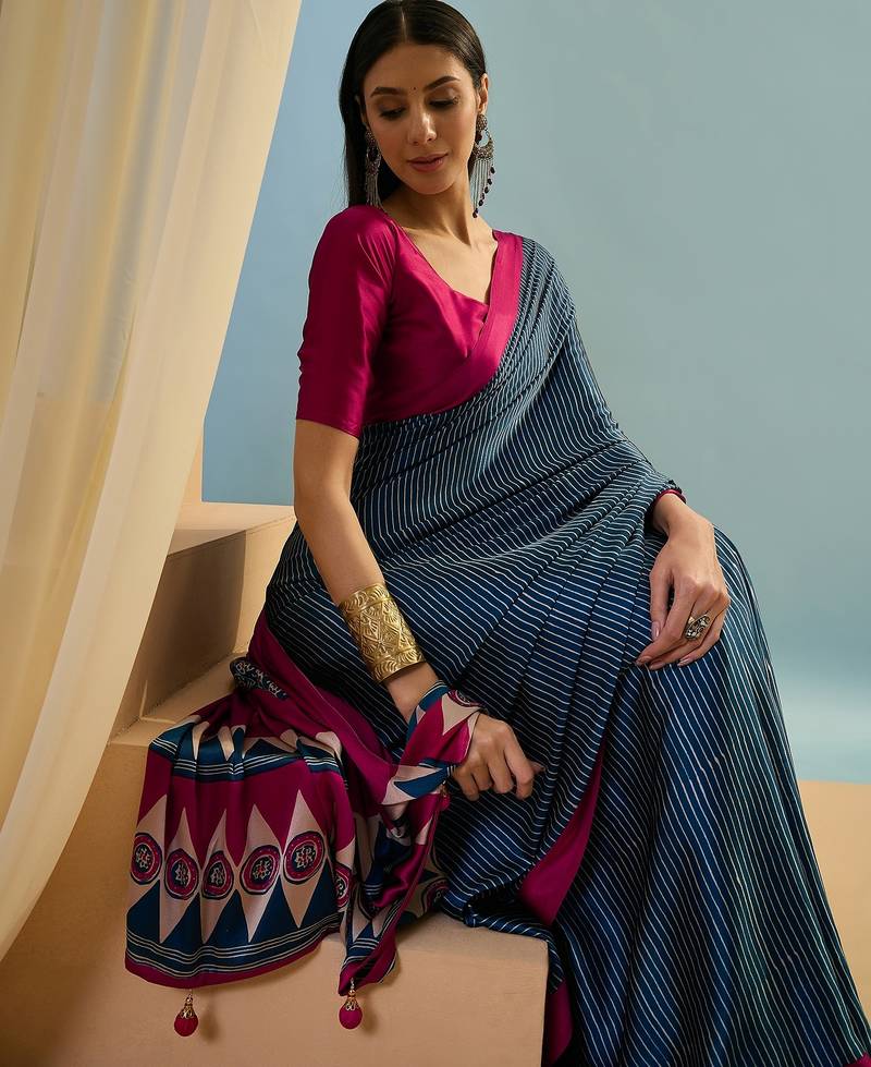 Blue wedding guest ready made saree with blouse