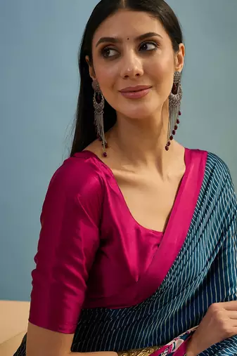 Blue wedding guest ready made saree with blouse