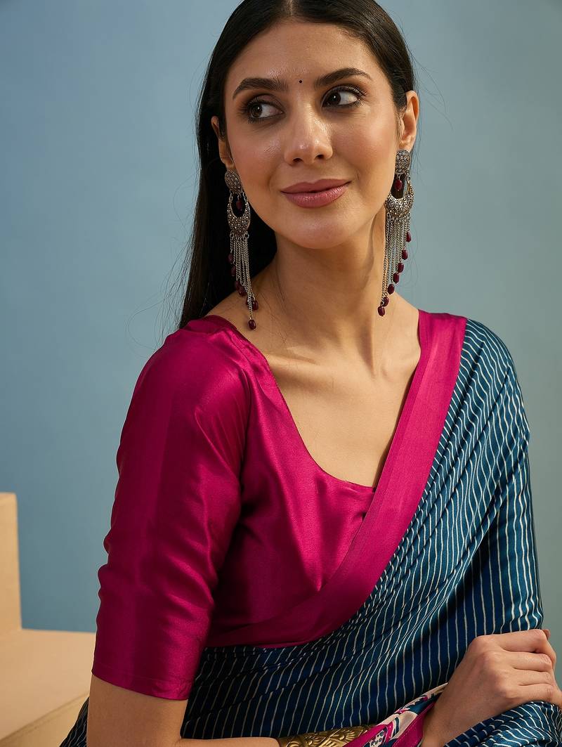Blue wedding guest ready made saree with blouse