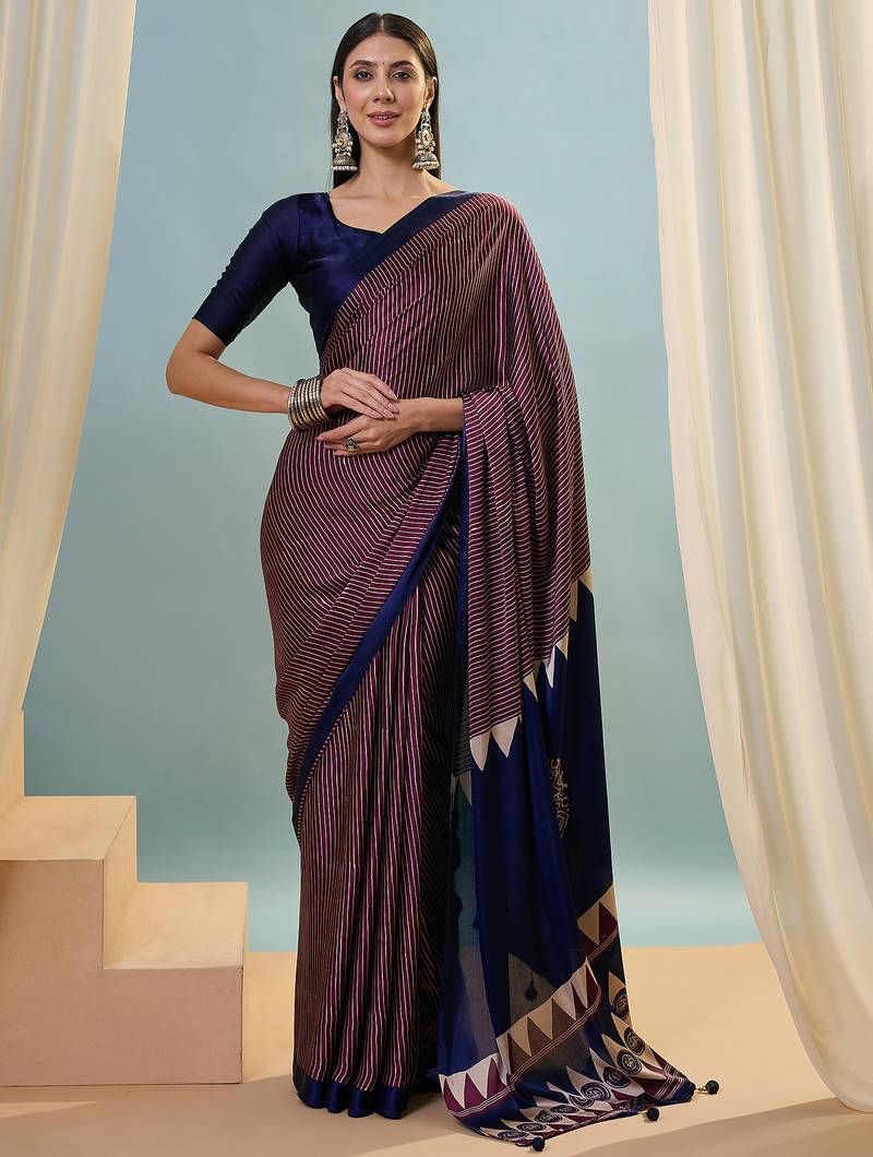 Wine modern ready to drape saree with unstitched blouse