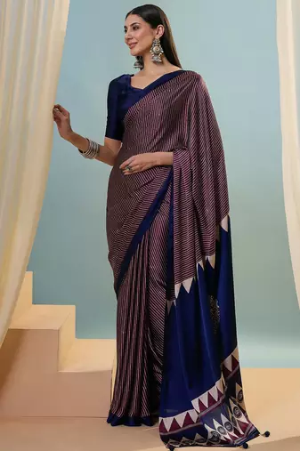 Wine modern ready to drape saree with unstitched blouse