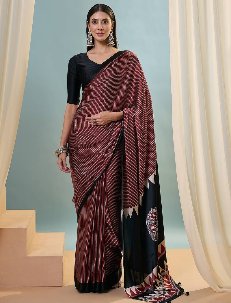 Maroon women's festival wear ready pleated saree