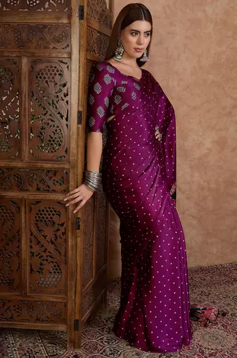 Wine ready to wear saree for weddings and festivals
