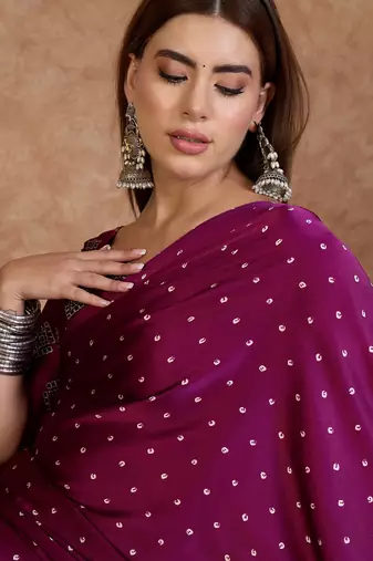 Wine ready to wear saree for weddings and festivals