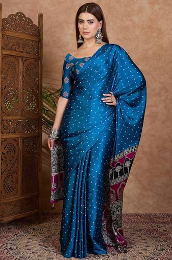 Blue ready made saree with unstitched designer blouse