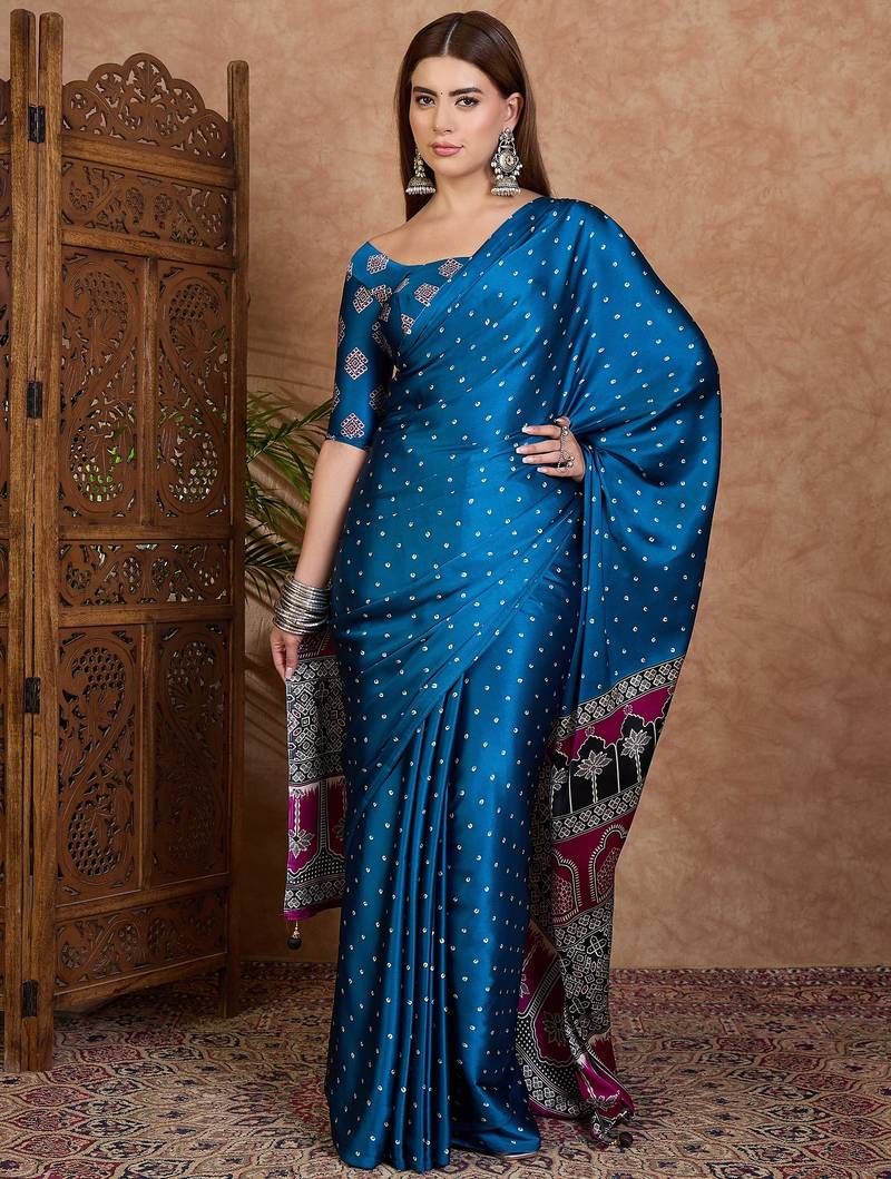 Blue ready made saree with unstitched designer blouse