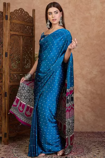 Blue ready made saree with unstitched designer blouse
