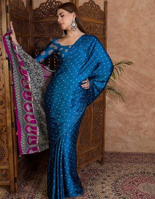 Blue ready made saree with unstitched designer blouse 3