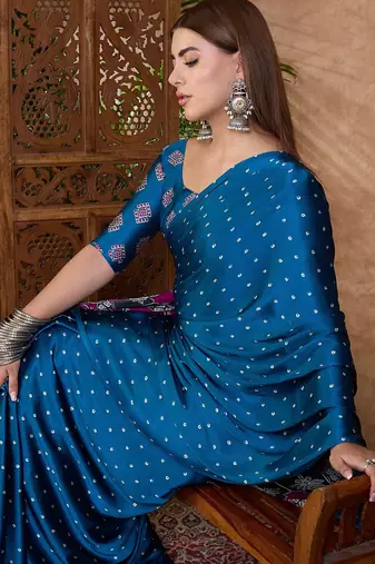 Blue ready made saree with unstitched designer blouse