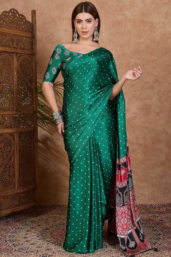 Green stylish ready pleated saree for women