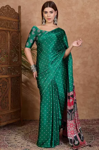 Green stylish ready pleated saree for women