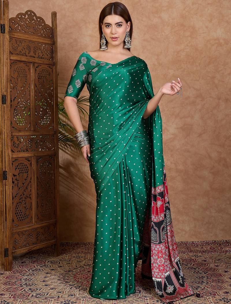 Green stylish ready pleated saree for women