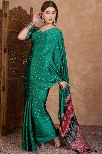 Green stylish ready pleated saree for women