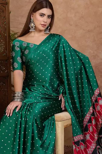Green stylish ready pleated saree for women