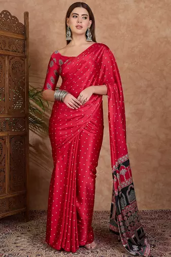 Red instant drape saree with matching blouse fabric