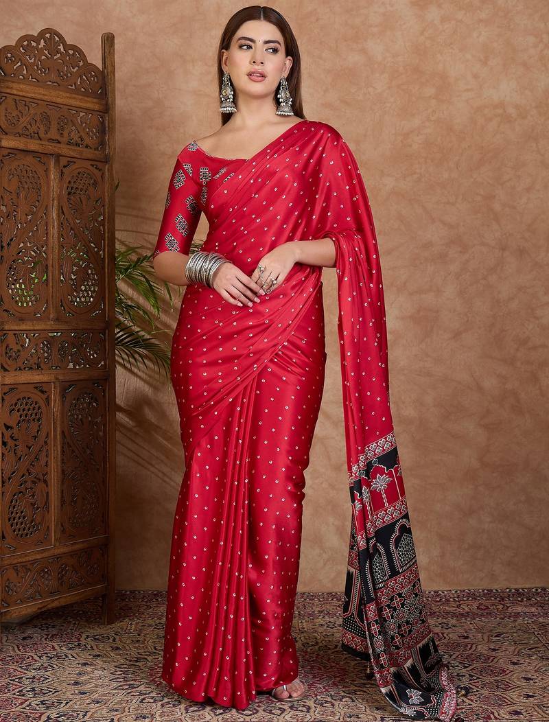 Red instant drape saree with matching blouse fabric
