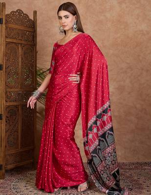 Red instant drape saree with matching blouse fabric 2
