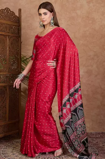 Red instant drape saree with matching blouse fabric