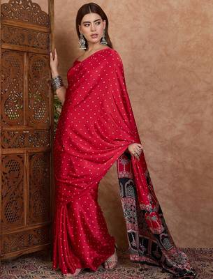 Red instant drape saree with matching blouse fabric 3
