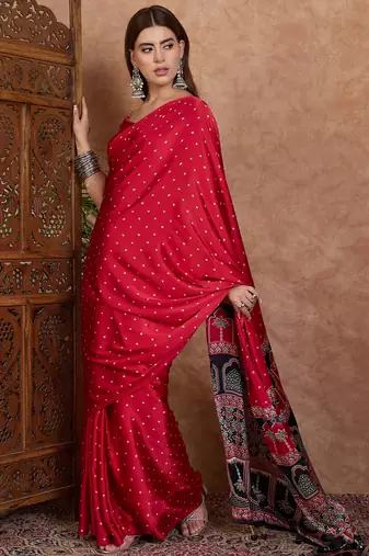 Red instant drape saree with matching blouse fabric