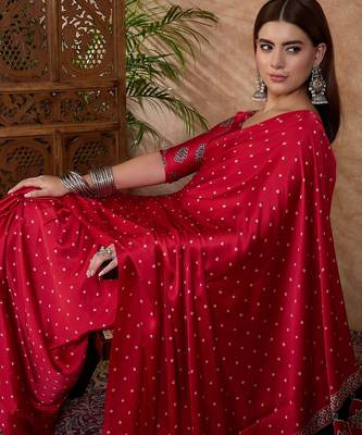 Red instant drape saree with matching blouse fabric 4