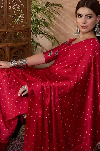 Red instant drape saree with matching blouse fabric