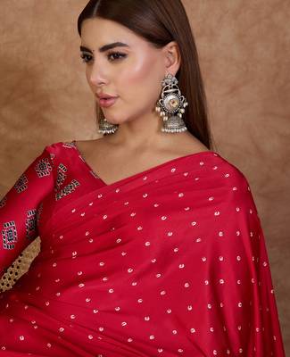 Red instant drape saree with matching blouse fabric 5