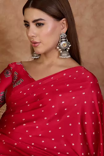 Red instant drape saree with matching blouse fabric