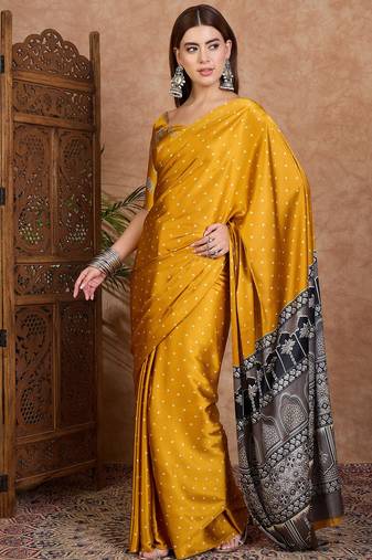 Yellow luxury ready to wear saree with blouse piece