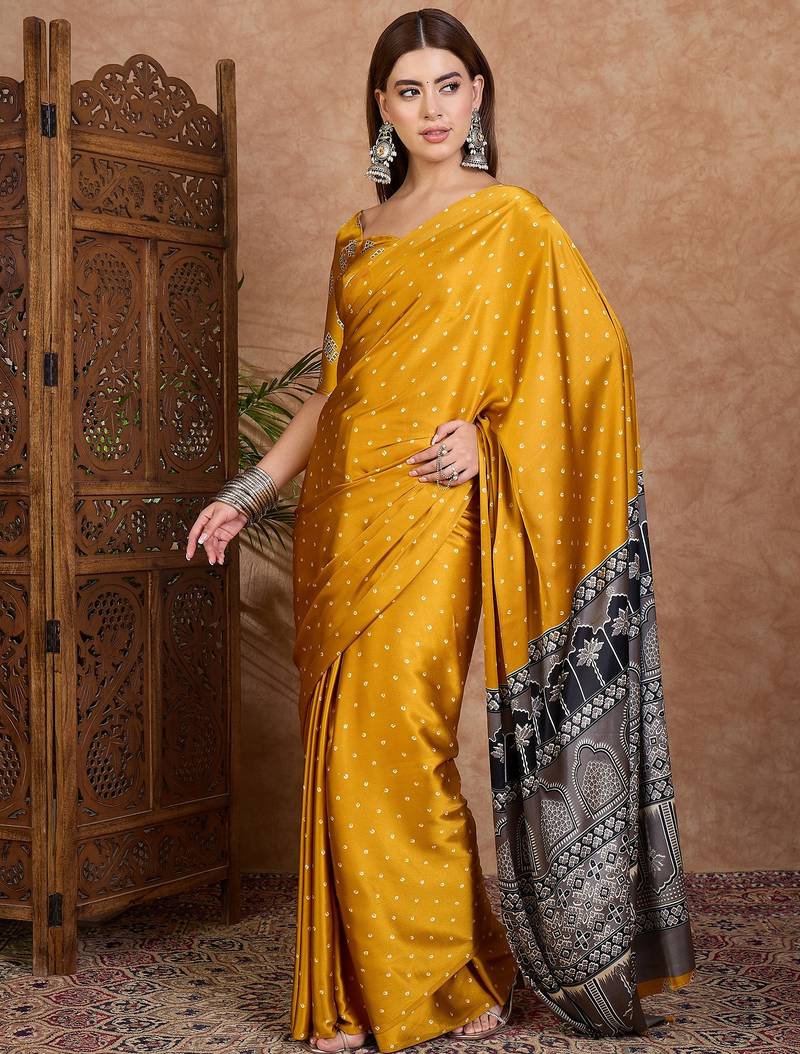 Yellow luxury ready to wear saree with blouse piece