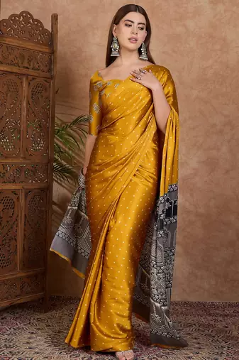 Yellow luxury ready to wear saree with blouse piece