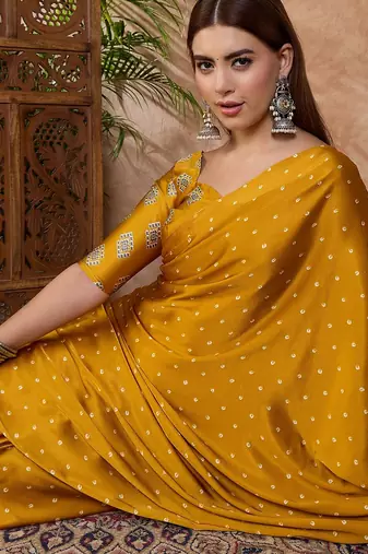 Yellow luxury ready to wear saree with blouse piece