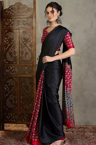 Red traditional ready wear saree with blouse material