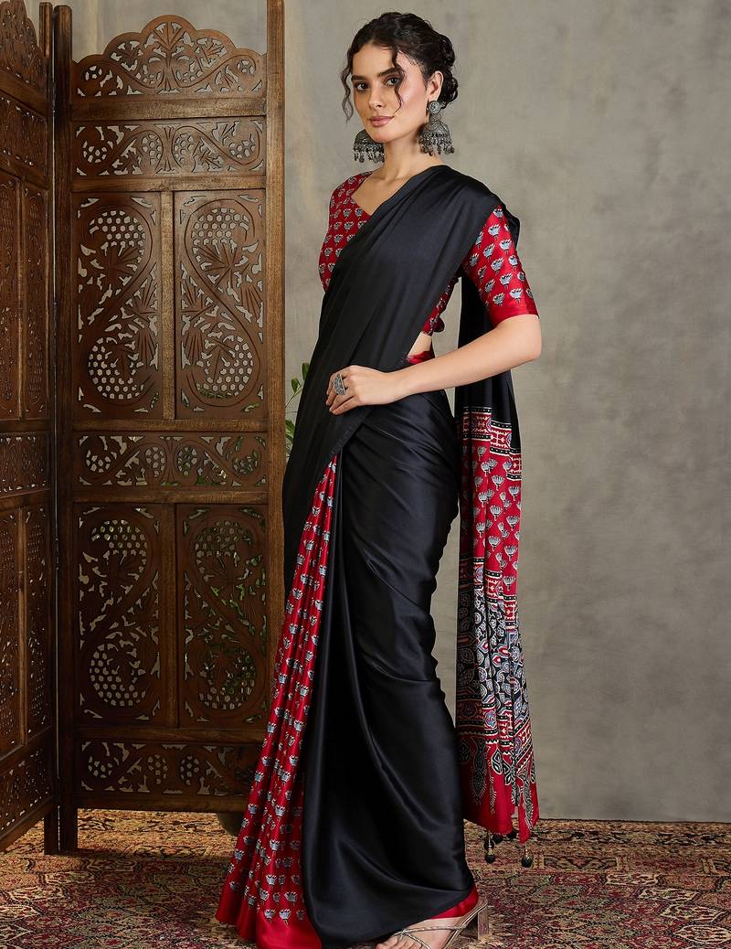 Red traditional ready wear saree with blouse material